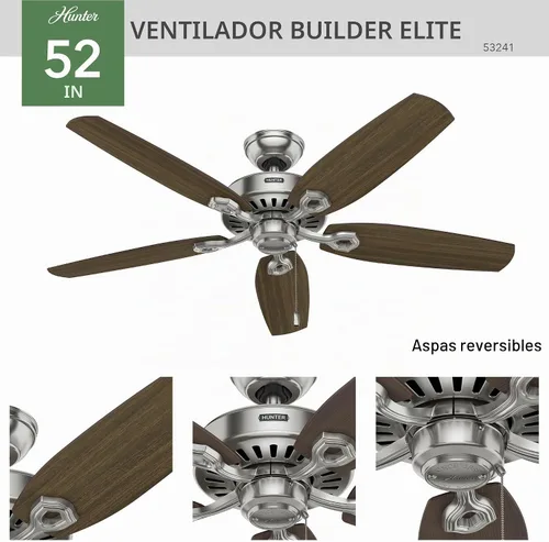 Vista 8 de Hunter Builder Elite, Ventilador de techo, para interiores, 52 pulgadas, níquel cepillado Sin luz, montaje estándar, cadena de tracción, 5