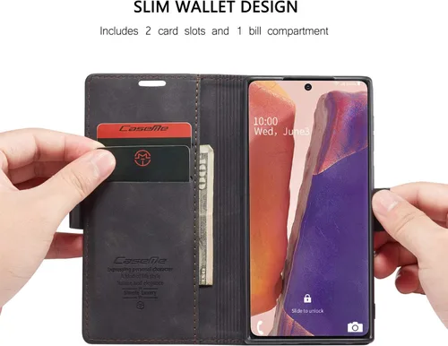 Vista 3 de Funda tipo cartera para Samsung Galaxy Note 20, piel sintética retro, cierre magnético, con ranuras para tarjetas, bolsillos para efectivo con Negro