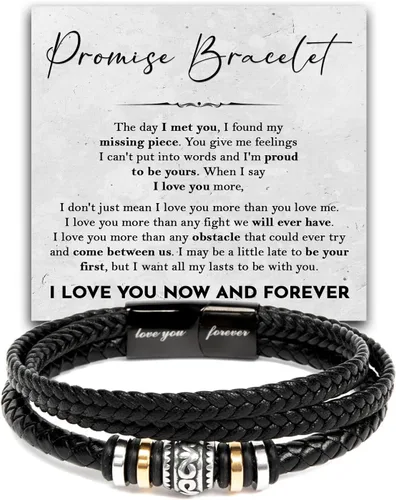 Vista 20 de Pulsera Promesa Para Él, Pulsera de Cuero Trenzado y Acero Inoxidable con Infinito, Letra "Te Amo Para Siempre", Regalos de Promesa Para Hombre