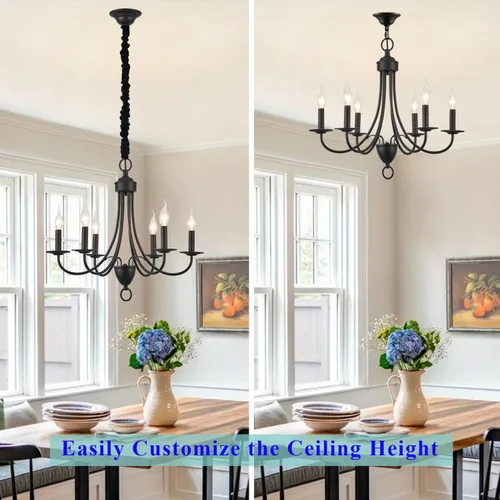Vista 8 de Candelabro de granja negro de 6 luces, estilo rústico de luz industrial moderna, lámpara colgante para comedor, mesa de cocina, sala de estar