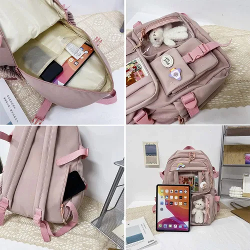 Vista 5 de FETNHU Mochila Preppy, mochila Kawaii con pin Kawaii y accesorios para niñas, mochila estética escolar, Negro-a, 1
