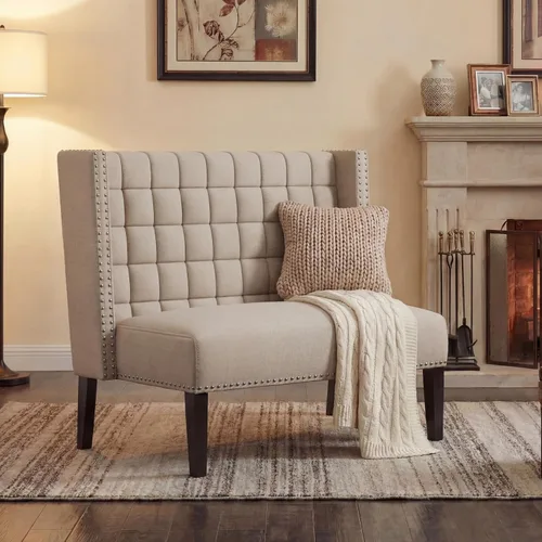 Vista 2 de Andeworld Sofá Loveseat Settee Banco Sofá Moderno, Banco Banqueta Tapizado con Respaldo para Comedor, Sala de Estar, Pasillo o Entrada, Putty