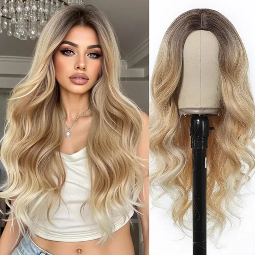 Vista 29 de Esmee Pelucas largas de color castaño rojizo ombré para mujer, peluca de cabello sintético ondulado y rizado natural para uso diario, fiestas