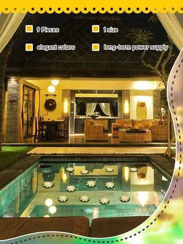 Vista 6 de Hortsun 9 luces flotantes de loto con pilas, almohadillas de lirio, flores de piscina, velas flotantes, decoración de plantas de estanque