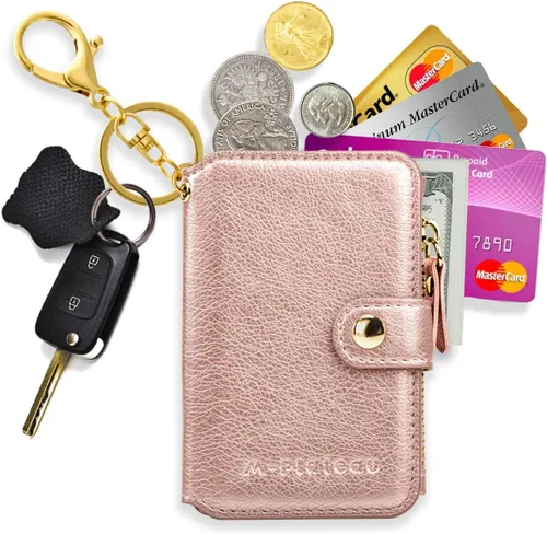 Vista 6 de Penekin Cartera con llavero con ventana de identificación, tarjetero de cuero con cremallera para mujer, Rosado, Multifunción