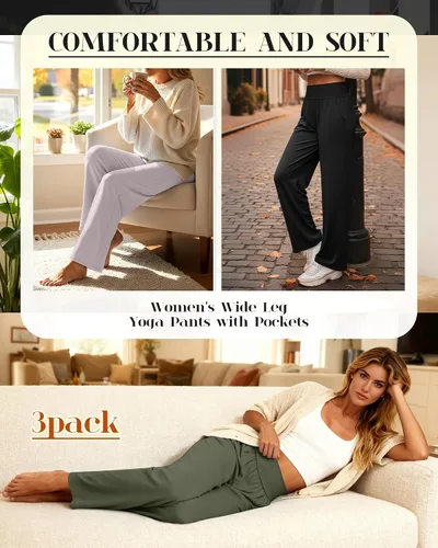 Vista 70 de Neer - Conjunto de 3 pantalones de yoga de pierna ancha para mujer - Pantalones deportivos cómodos, holgados, de cintura alta y casuales