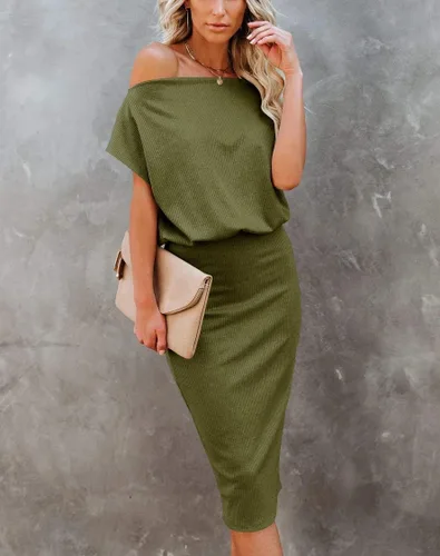 Vista 2 de Ezbelle Vestido por debajo de la rodilla, ajustado, para mujer, con hombro descubierto y manga corta, vestido acanalado informal y de fiesta