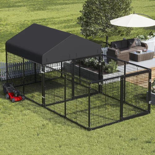Vista 9 de Caseta de perro para exterior con valla para perros pequeños y medianos, recubrimiento antióxido, jaula con techo, resistente a todas