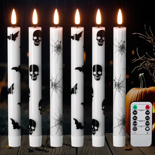 Vista 10 de GenSwin Velas cónicas sin llama de Halloween en negro con candelabros de mano de fantasma y temporizador remoto, 2 piezas de velas cónicas operadas