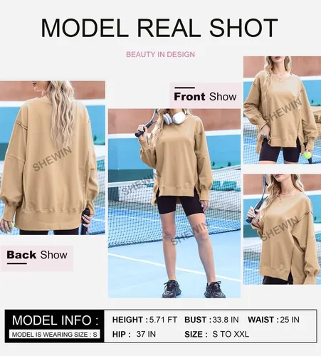 Vista 4 de SHEWIN Sweatshirt for Women Crewneck Spring Lightweight Solid Color 2024 Fashion Warm Oversized Fit Pullover Sweatshirts