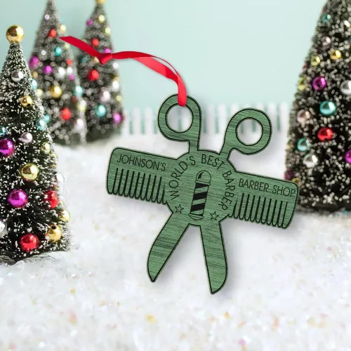 Vista 2 de Adorno de peluquero personalizado, decoración de peluquería para peluquería, el mejor adorno de peluquero del mundo, adorno de Navidad de poste