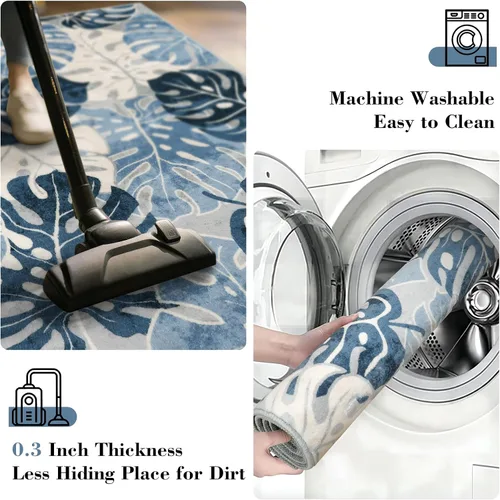 Vista 3 de Wonnitar Leaf - Alfombra de cocina de 2x3 pies, alfombra azul pequeña para baño, alfombra decorativa lavable para mesita de noche, planta