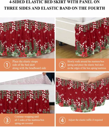 Vista 5 de Falda de cama de Pascua de Navidad, tamaño Queen de 16 pulgadas de caída, ajustable y elástica, plisada, con volantes de polvo de lujo para cama