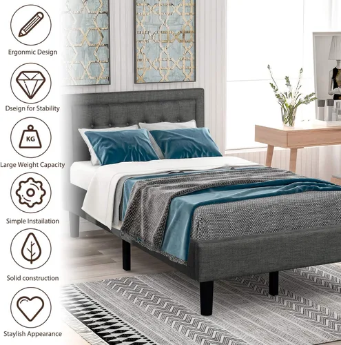 Vista 4 de Anwick Cama de plataforma tapizada con botones y soporte de listones de madera resistente (individual, gris)