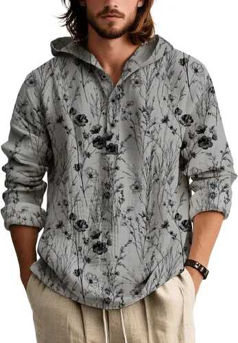 Vista 19 de Sudaderas con capucha con estampado floral retro para hombre, estilo bohemio, con botones, manga larga, sudaderas de gran