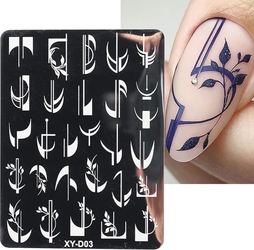 Vista 5 de Juego de 6 plantillas de estampado de uñas con líneas francesas, flores, hojas, diseño de corazón sonriente, kits de estampación, herramientas