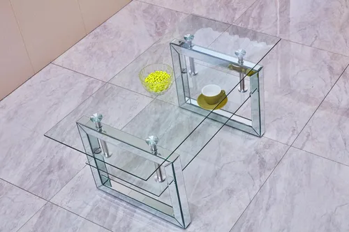 Vista 8 de Mesa de centro de cristal de 39 pulgadas, moderna mesa de centro de vidrio templado de 2 capas, mesas rectangulares para sala de estar, muebles