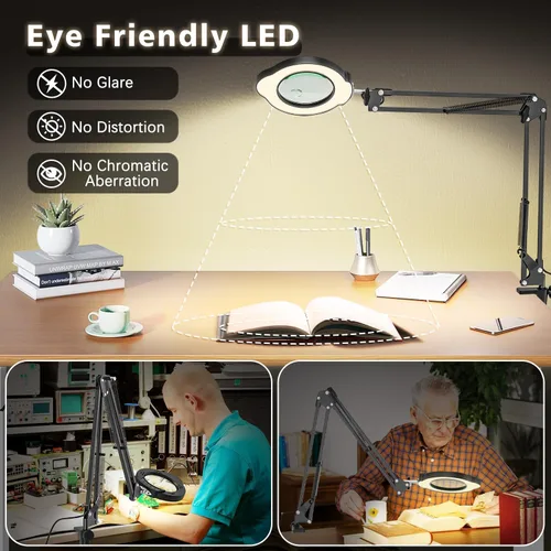 Vista 4 de Lupa con luz y abrazadera, lámpara de aumento de escritorio de 15X 10X, lupa de lente de cristal real de 84 LED, 5 modos de color regulable sin