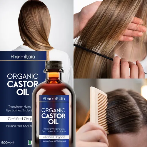 Vista 5 de Pharmlitalia Aceite de ricino orgánico prensado en frío sin refinar, aceite de ricino dorado orgánico para cara, cuero cabelludo, pestañas, cuidado