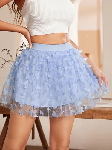 Vista 6 de OYOANGLE Falda de malla transparente para mujer, falda acampanada bordada de cintura alta