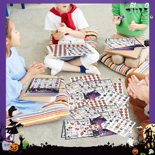 Vista 6 de Shappy Juego de bingo de Halloween para adultos y niños, 32 jugadores, juego de bingo de Halloween, espeluznante tema de calabaza fantasma