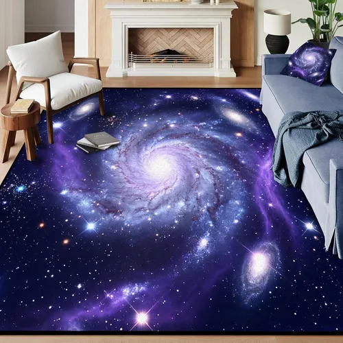 Vista 27 de Alfombra galaxia de 2 x 3 pies para habitación de niños, alfombra de cielo estrellado de pelo bajo, antideslizante, lavable, alfombra nebulosa