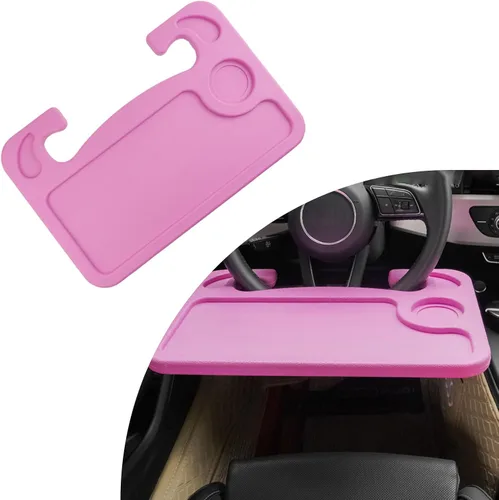 Vista 9 de Dickno Escritorio para volante de automóvil, bandeja multiusos para volante con soporte para bebidas, bandeja de comida para volante para comer Beige