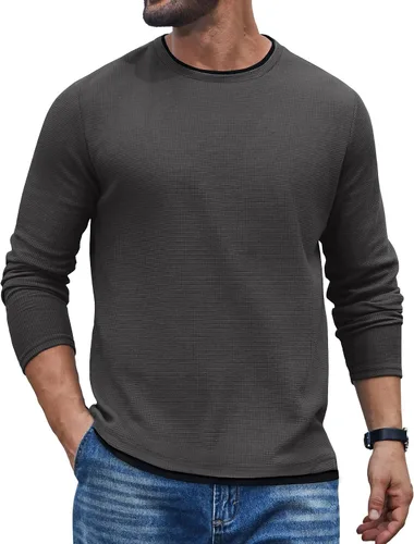 Vista 14 de COOFANDY Camisetas de manga larga para hombre, de algodón, con cuello redondo, con ribete de contraste Gris claro + ribete blanco
