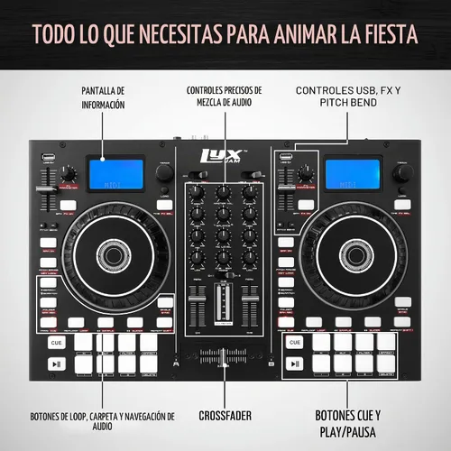 Vista 3 de LyxJam Controlador de DJ portátil de 2 cubiertas, consola de mezcla con pantalla LCD Bucle manual, USB, entrada MIC, salida de grabación, 16