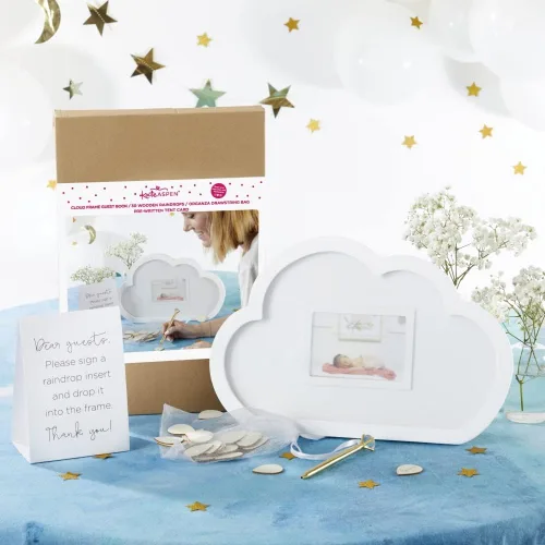 Vista 2 de Kate Aspen Libro de Invitados para Baby Shower Marco de Nube con Gotas de Lluvia de Madera Alternativa de Libro de Invitados, Decoración