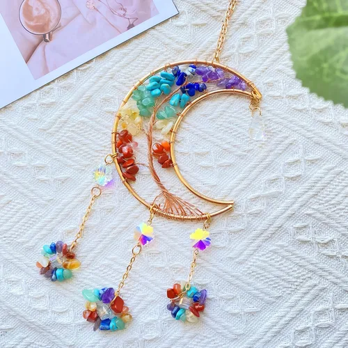 Vista 5 de Atrapasueños de luna con cristal de 7 chakras, atrapasueños, atrapasueños de cristal, arco iris, decoración de buena suerte para ventana, pared