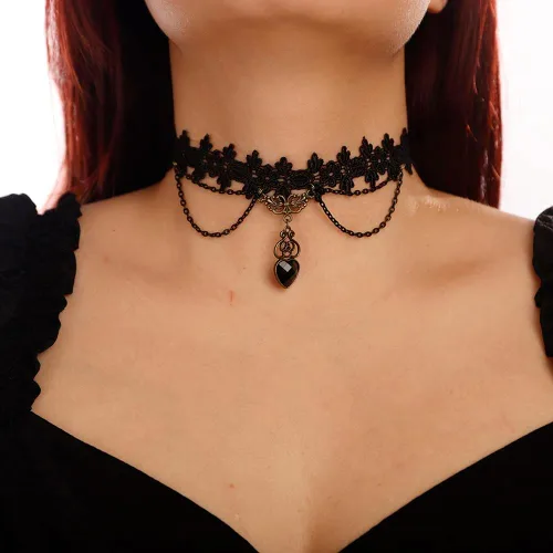 Vista 2 de Elegante collar de encaje negro vintage con flores a juego ligero para mujeres y niñas, gargantilla de piedra bohemia para adolescentes, niñas