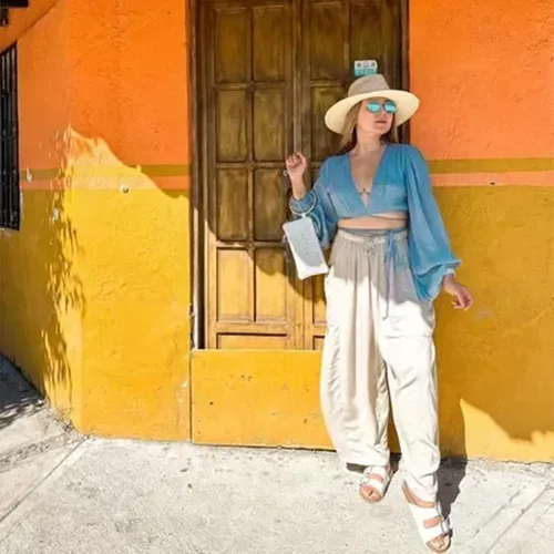 Vista 3 de Quinn - Pantalones de lino para mujer, talla grande, de pierna ancha, con bolsillos, holgados, hippie, harén, bohemios, para playa