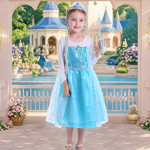 Vista 2 de iTVTi Disfraz de princesa para niñas pequeñas, disfraz de cosplay azul para fiesta de Halloween con accesorios azul