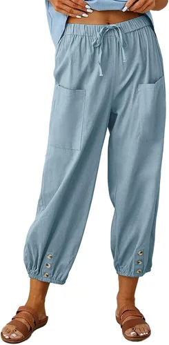 Vista 21 de Pantalones capri de cintura alta con cordón y botón de algodón suelto casual con bolsillos para mujer