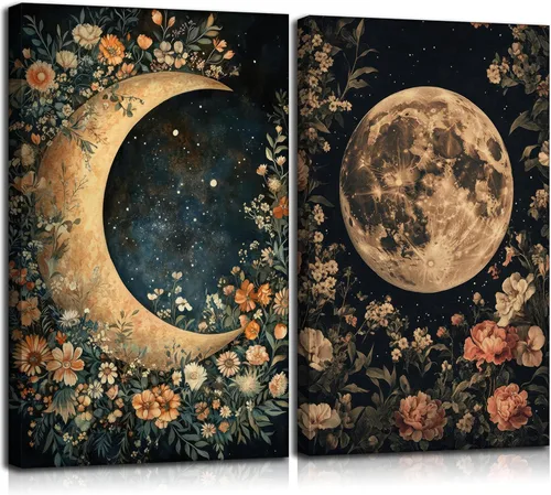 Vista 8 de 3 piezas de arte de pared de flores en tonos oscuros en lona vintage póster impreso pintura de flores silvestres oscuras en granja imagen botánica