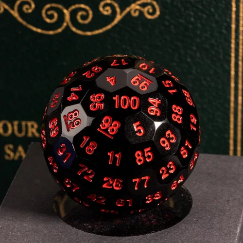 Vista 4 de Dados poliédricos mejorados de 100 caras (D100), 1.969 in, fuente negra/roja, dado único, dados de juego D&D, lata de almacenamiento de metal