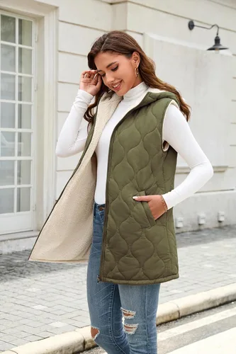 Vista 4 de ECOWISH Chaleco largo acolchado para mujer: chaqueta de forro polar reversible con cremallera para otoño 2025, abrigo de invierno cálido sin mangas