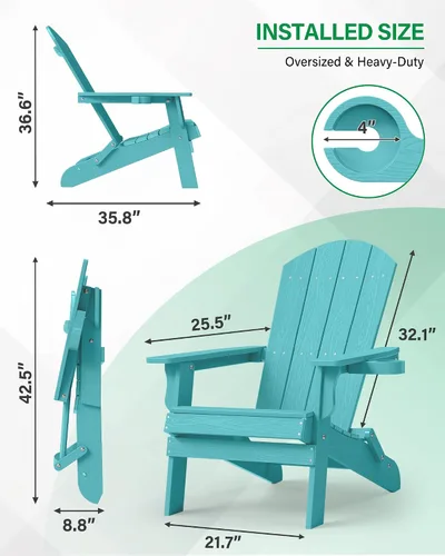 Vista 2 de YEFU Silla Adirondack, silla Adirondack de plástico de gran tamaño, sillas plegables para exteriores con soporte para tazas, silla de césped