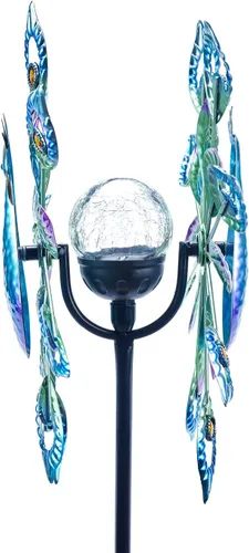 Vista 4 de Molinillo de viento para exteriores, escultura de metal con energía solar, 15 pulgadas y 64 pulgadas de altura, cinético pavo real, bola de vidrio