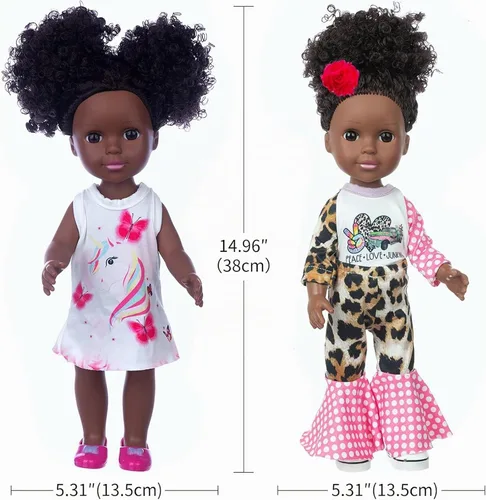Vista 4 de ZQDOLL Conjunto de ropa de muñeca negra y muñeca de bebé, accesorios para muñecas, 14.5 pulgadas, muñeca afroamericana de silicona con mochila