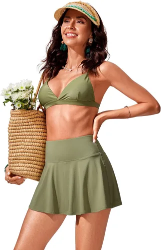 Vista 3 de CRZ YOGA Falda de natación de cintura alta para mujer, falda pantalón plisada, falda de baño atlética con bolsillo lateral