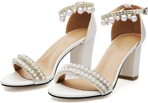 Vista 5 de Zapatos de novia para mujer, con puntera abierta, cómodos, tacón medio de bloque, correa al tobillo, sandalias de tacón con cadena de perlas