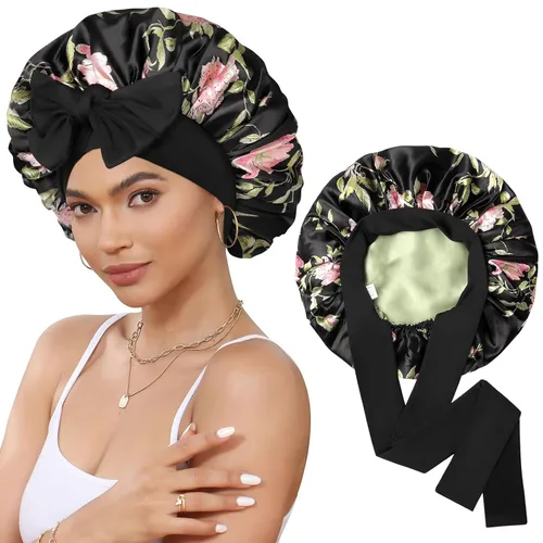 Vista 8 de Gorro de satén de seda para dormir, gorro de seda de doble capa con banda elástica para cabello rizado