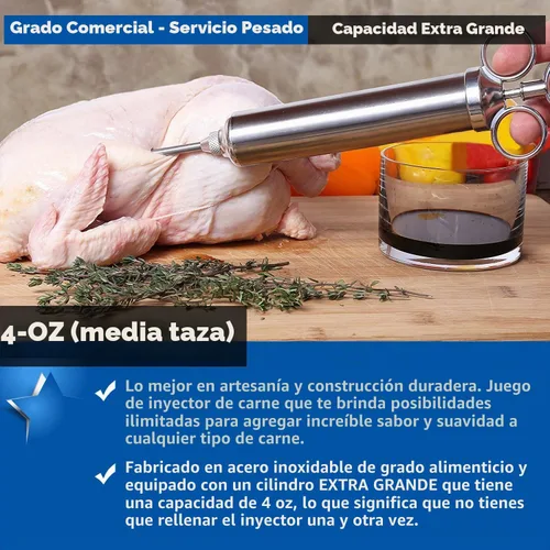 Vista 3 de Kit de inyector de sabor a marinada de carne de grado comercial de acero inoxidable de 4 onzas, inyector de condimento de capacidad de 1/2 taza