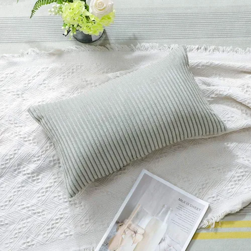 Vista 3 de Artscope Fundas de almohada de pana a rayas acogedoras súper suaves decorativas oblongas, fundas de cojín para sofá, dormitorio, decoración de Gris