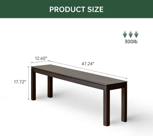 Vista 2 de Banco de comedor 100% madera maciza de 47.2'', banco largo de madera de roble para mesa de comedor, pie de cama, entrada, pasillo, respaldo de sofá