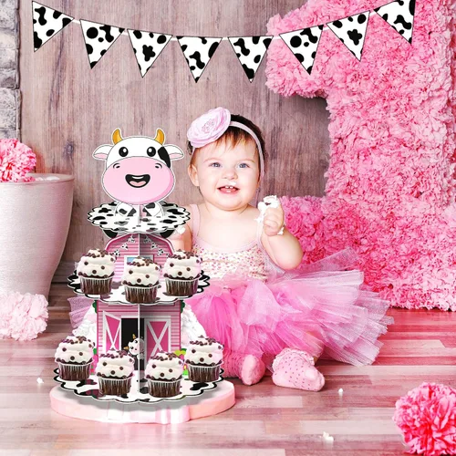 Vista 2 de Holy Cow I'm One Birthday Decor – Soporte de cartón con estampado de vaca de 3 niveles para fiesta de primer cumpleaños, soporte para cupcakes