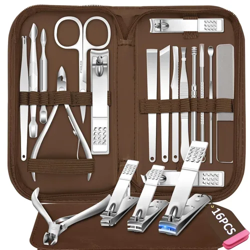 Vista 10 de Juego de manicura 16 en 1, kit profesional de pedicura de acero inoxidable, juego de cortaúñas para uñas de los pies, kit de aseo masculino, kit