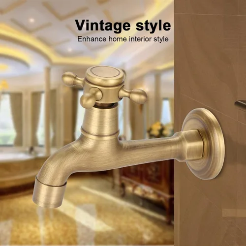 Vista 3 de Europeo montado en la pared vintage G1/2 "grifo de latón sólido solo cinta de agua fría para fregadero de cocina fregona piscina (L)
